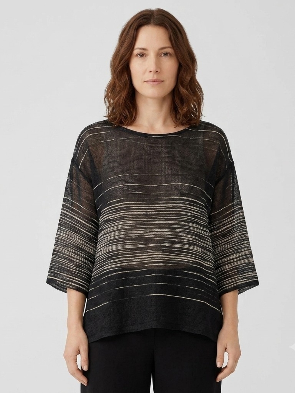 Eileen Fisher Organic Linen Blend Striped Boxy Knit Top Top L/G Sheer Italian